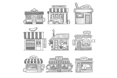 Cafe buildings. Hand drawn shop restaurants small vector buildings set