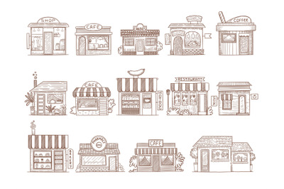 Hand drawn buildings. Pharmacy shop bar and restaurant market vector i