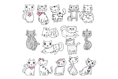 Funny cats. Doodle pets hand drawn characters comic animals vector ill