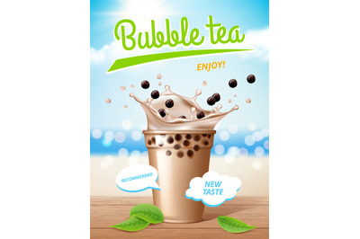 Bubble tea poster. Flowing milk delicious tapioca drinks with splashes