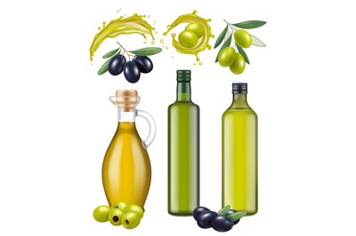 Olive bottles. Oil glass package healthy natural products for cooking
