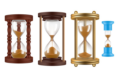 Sand watches. Retro hourglasses vintage history clocks management obje