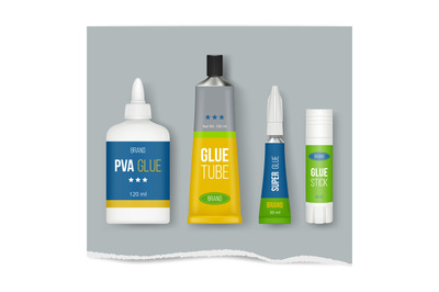 Glue stick. Realistic stationary templates glue plastic packages set v