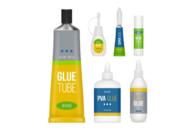 Glue packages. Stationary collection bottles stick tubes for liquid gl