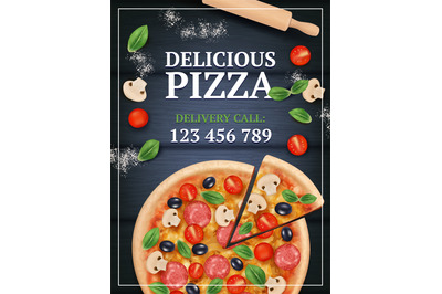 Pizza ads poster. Sliced delicious tasty traditional italian food with