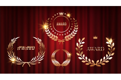 Award signs. Shine laurel wreaths on red curtains. Golden bronze celeb