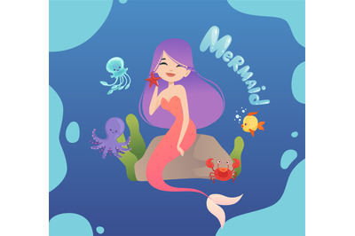 Cute mermaid. Happy sea princess sitting on stone, poster. Jellyfish,