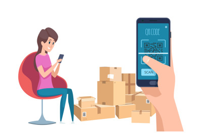 QR code. Girl finding information about parcels with phone and barcode