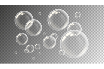 Realistic soap bubbles. Flying transparent water drops. Liquid spheres