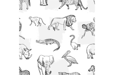 Sketch animal pattern. African, asian fauna background. Elephant and m