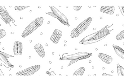 Sketch corn. Harvesting cereals, hand drawn cobs and seeds vector seam