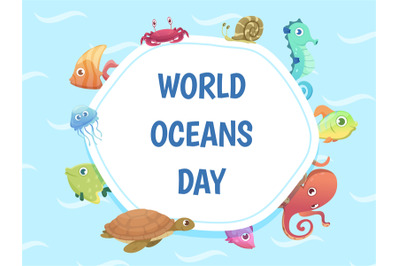 World oceans day poster. Save water background. Sea wild animals vecto