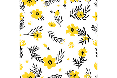 Yellow flower pattern. Doodle spring background with floral elements.