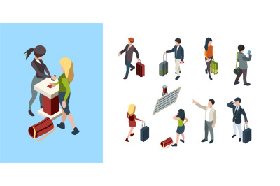 Travel people isometric. Touristic persons family couples businessman