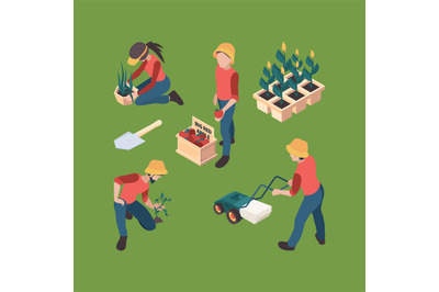 Farmers isometric. Gardeners people farmed professional outdoor workin