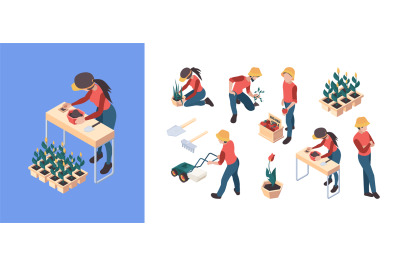 Agriculture isometric. Farmers and gardeners people gathering weeding