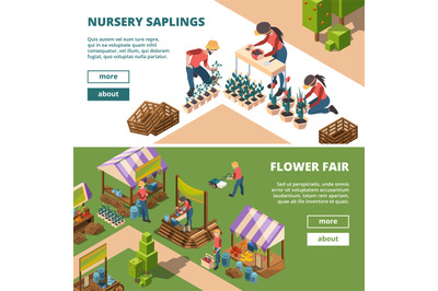 Local markets isometric. Farmers and gardeners outdoor selling agricul