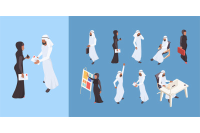 Arab isometric. Dubai man saudi woman business people arabian entrepre