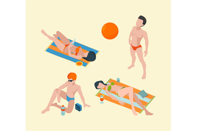 Summer people isometric. Male and female vacation characters in summer