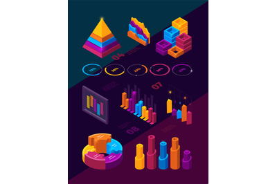 Futuristic business charts. Isometric infographic analysis symbols hol