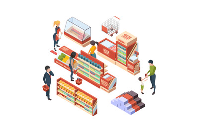 Grocery customers. Isometric people with shopping carts in retail mark