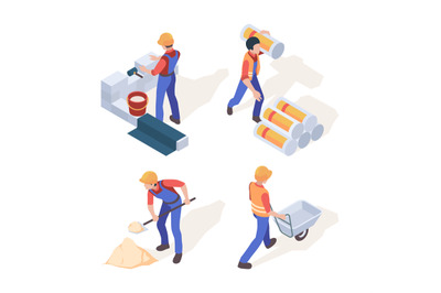 Builders isometric. Construction workers in helmet and professional un