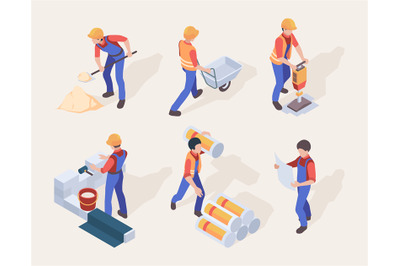 Workers isometric. Builders in uniform different construction machines