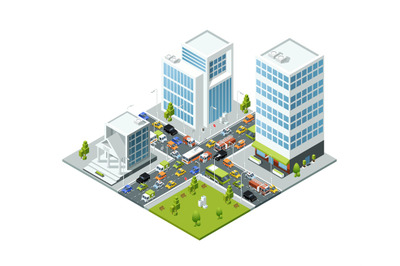 Crossroad jam traffic. Isometric urban transport active movement in ja