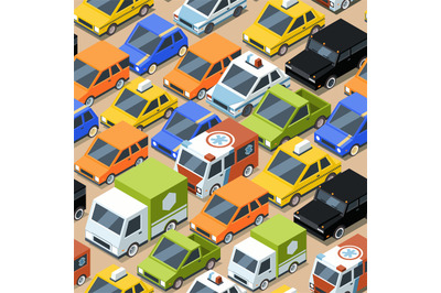 Urban traffic pattern. Jammed city transport cars buses van vector sea