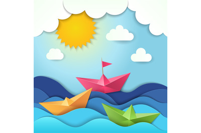 Origami boat. Cut paper ocean waves shadows vector ship stylized illus