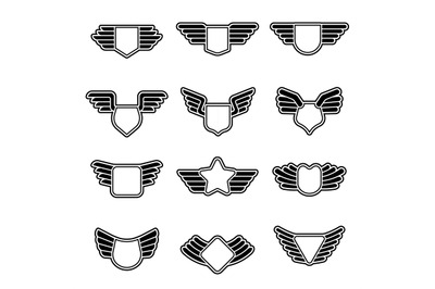 Wings badges. Stylized geometrical army shields empty aviation emblems