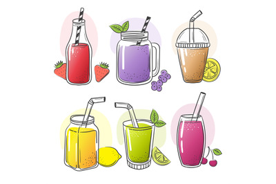 Smoothie hand drawn. Summer cold fruits drinks healthy liquid shake fo