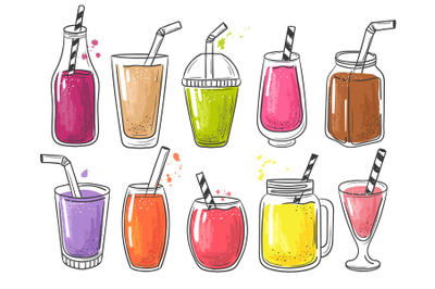 Summer smoothie. Fruits cold healthy drinks vitamin juice vector shake