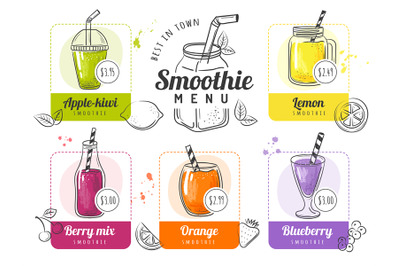 Smoothie menu. Summer cocktails lists for restaurant or coffee drinks