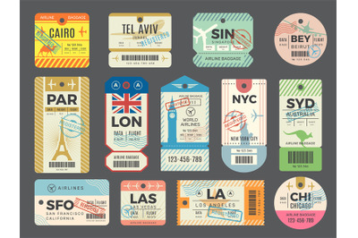 Baggage retro tags. Traveling old tickets flight labels stamps for lug