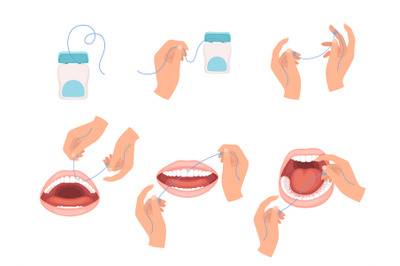 Floss dental. Steps how to use hygiene floss for teeth medical dentist