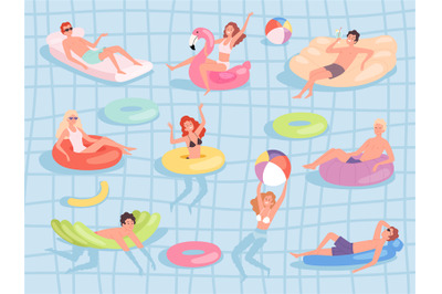 Pool relax people. Male and female characters family floating on rubbe