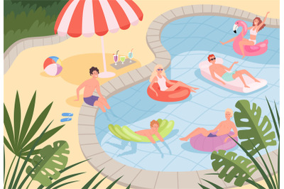 Swimming pool. Happy characters family couples relax on the beach or p