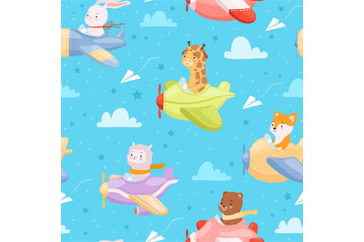 Airplane pattern. Animal kid characters in airplanes flying helicopter