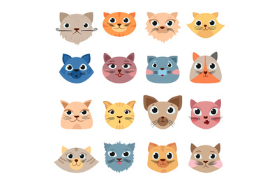 Cats heads. Cute funny domestic animals colored heads happy faces expr