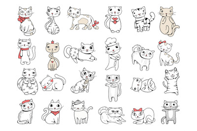 Cats. Domestic pets funny hand drawn animals vector collection