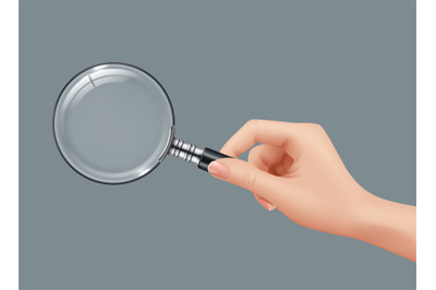 Magnifying glass in hand. Detective holding gadget zoomed loupe lens v