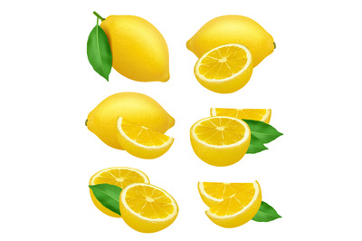 Lemons realistic. Fruits slices citrus natural products yellow vector