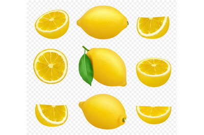 Lemons collection. Realistic picture of citrus yellow juice natural fo