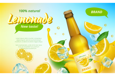 Lemone ads. Yellow flowing juice splashes and half of healthy fruits d