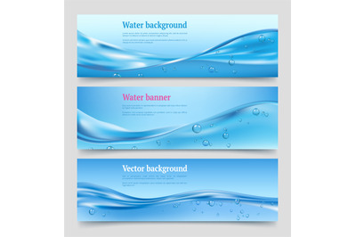 Water splashes banners. Liquid flowing waters with bubbles water purif