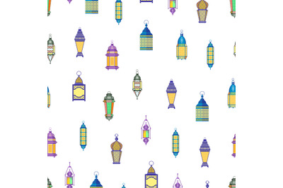 Arab lamps pattern. Vintage oriental lanterns, flat islamic decorative