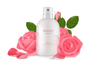 Cosmetics concept. Realistic cream bottle with roses. Isolated pink fl