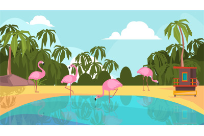 Flamingo park. Pink exotic birds on lake. Camping&2C; beach vacation or t