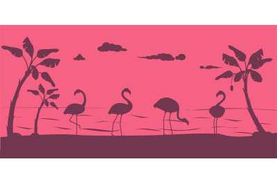 Flamingo silhouette. Birds on beach&2C; wildlife and nature. Summertime&2C;